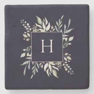 Botanische Dunkle Navy mit personalisierter Monogr Steinuntersetzer