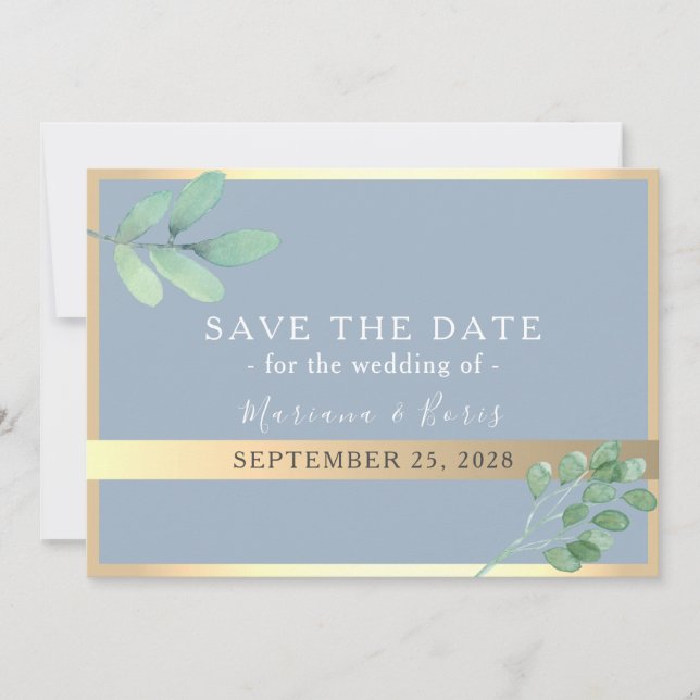 Botanische dusty Blue Wedding rettet das Datum Save The Date (Vorderseite)
