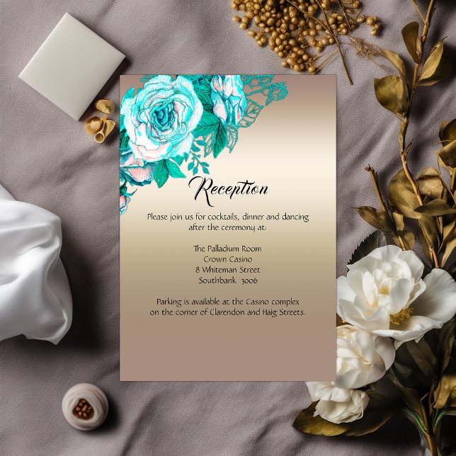 Botanische Elegance Aquamarine Rose Hochzeitsempfa Begleitkarte (Von Creator hochgeladen)