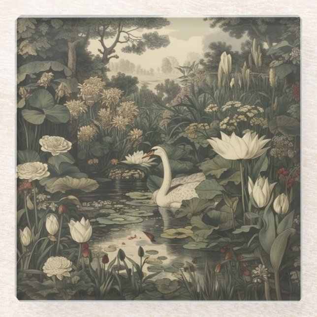 Botanische Elegance - Schwan im Wald Glasuntersetzer (Vorderseite)