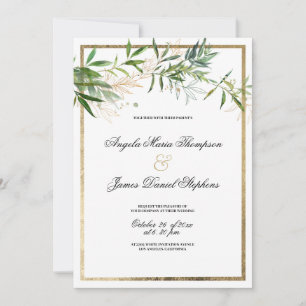 Botanische elegante weiße Minze Gold Laub Hochzeit Einladung