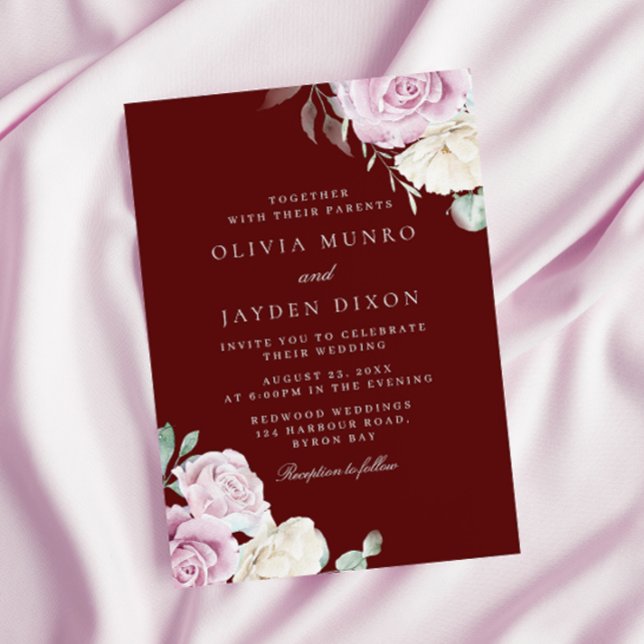 Botanische Eleganz: Blush White Burgundy Wedding Einladung (Von Creator hochgeladen)