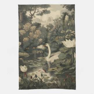 Botanische Eleganz – Schwan im Wald Geschirrtuch