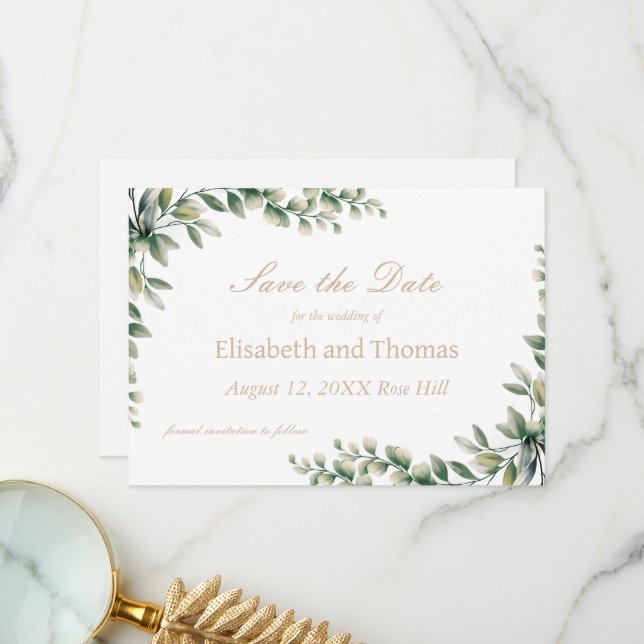 Botanische Eukalyptus-Blätter Save the Date Karte (Vorderseite/Rückseite Beispiel)