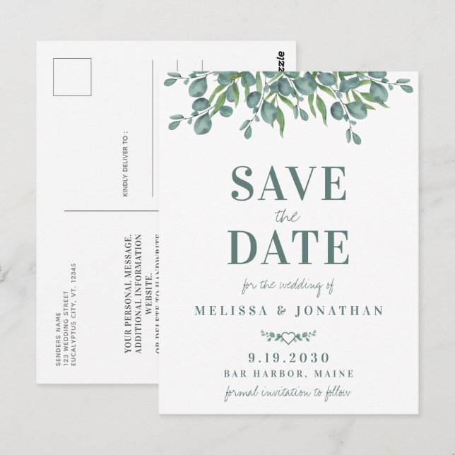 Botanische Eukalyptus-Foliage-Hochzeit speichert d Postkarte (Vorne/Hinten)