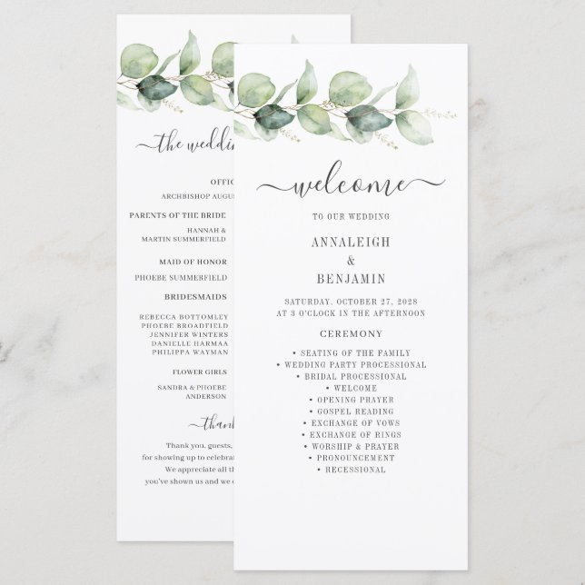 Botanische Eukalyptus-Grün-Hochzeitsprogramm (Vorne/Hinten)