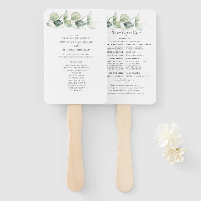 Botanische Eukalyptus-Grün-Hochzeitsprogramm Fächer (Vorne und Hinten)