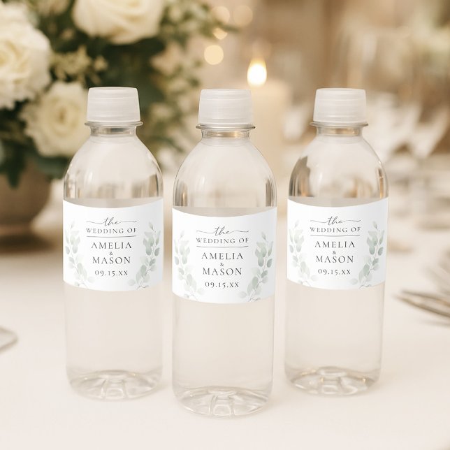 Botanische Eukalyptus-Hochzeit (Elegant Botanical Eucalyptus Wedding Water Bottle Label)