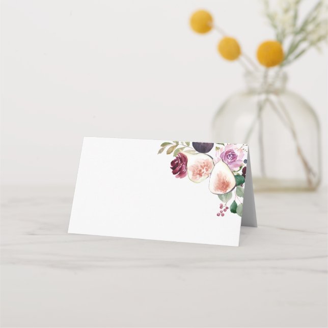 Botanische Figuren und Berry Burgund Blumenhochzei Platzkarte (Vorderseite)