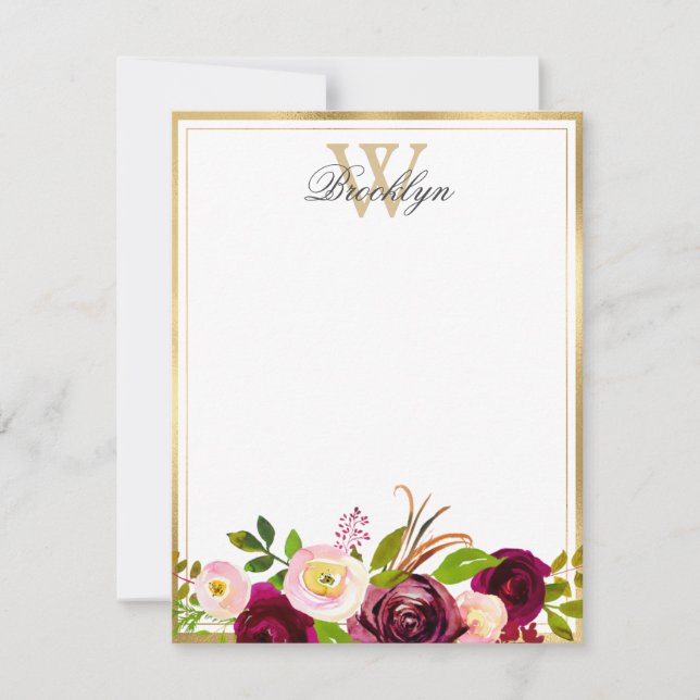 Botanische florale Monogrammkarte für Burgund Blus Mitteilungskarte (Vorderseite)