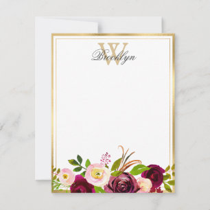 Botanische florale Monogrammkarte für Burgund Blus Mitteilungskarte