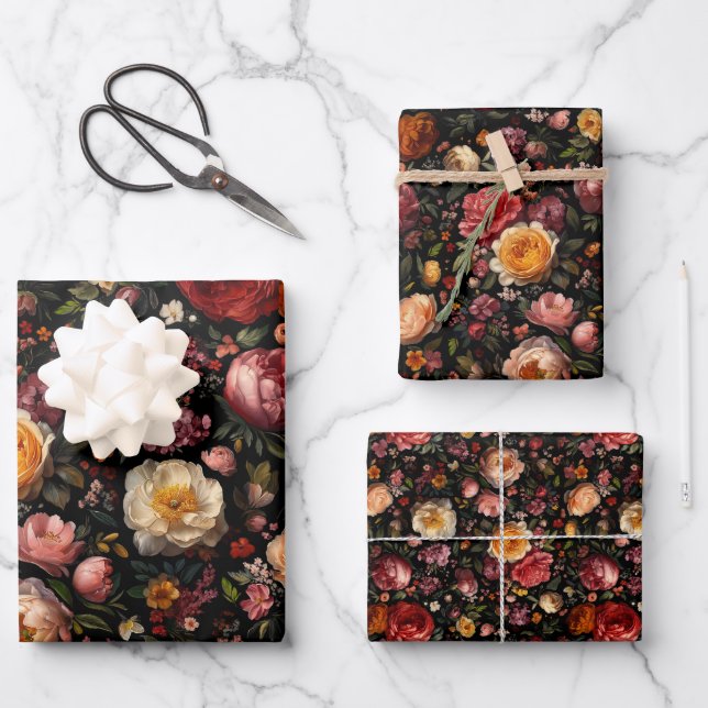 Botanische florale Moody Baroque Antikes niederlän Geschenkpapier Set (Vorderseite)