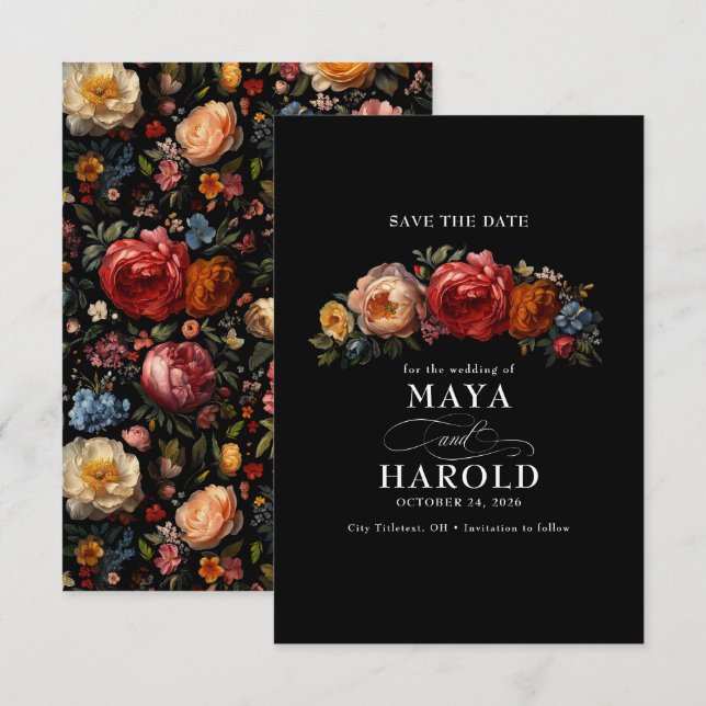 Botanische florale Moody Black Chic Hochzeit Save The Date (Vorne/Hinten)