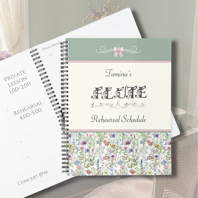 Botanische Flöten-Sage-Probenplanplaner Planer (Whimsical Flute Rehearsal Planner | Pink Floral & Sage Green Botanical Aesthetic Music Gift)