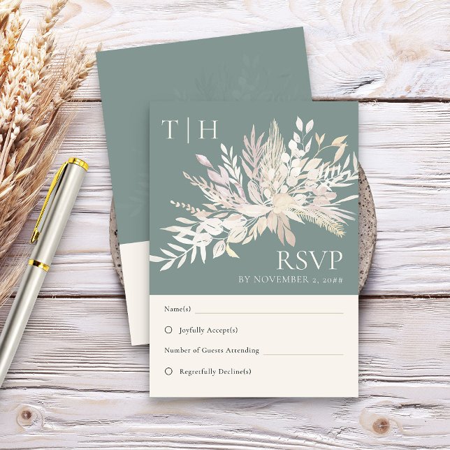 Botanische Foliage Green Monogram Wedding RSVP Karte (Sage Green Elegant RSVP card  - Foliage Duet wedding collection)