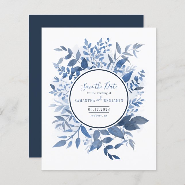 Botanische Foliage Navy Blue Save the Date (Vorne/Hinten)