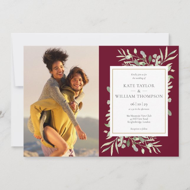 Botanische Fotos Hochzeit in Burgund Gold Einladung (Vorderseite)