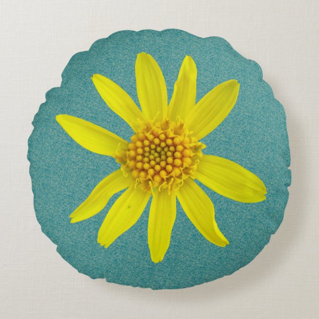 Botanische gelbe Arnika-Wildblume auf irgendeiner Rundes Kissen (Vorderseite)