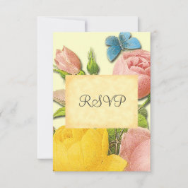 Botanische, gelbe und rosa Rose-RSVP-Karten Einladung