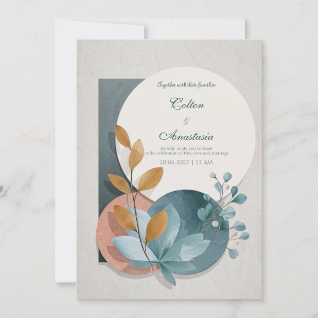 Botanische Geometrische Terracotta Blaue Hochzeit Einladung (Vorderseite)