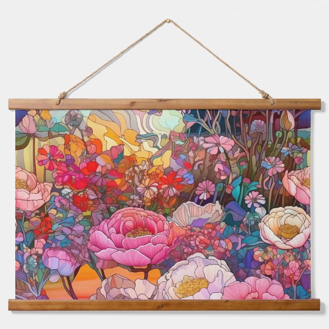 Botanische Glasblätter Wandteppich Mit Holzrahmen (Vorne)