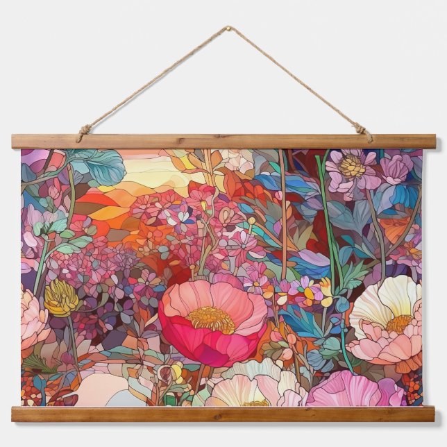 Botanische Glasblätter Wandteppich Mit Holzrahmen (Vorne)
