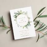 Botanische goldene Hochzeit retten Datum Ankündigungspostkarte<br><div class="desc">Diese Hochzeit speichern das Datum Postkarte mit gemalten Aquarell Eukalyptusgrün,  grünen Blätter und einem vergoldeten Rahmen. Für eine weiter gehende Anpassung dieses Designs klicken Sie bitte auf den Link "Weitere Anpassung". Matching-Elemente sind ebenfalls verfügbar.</div>