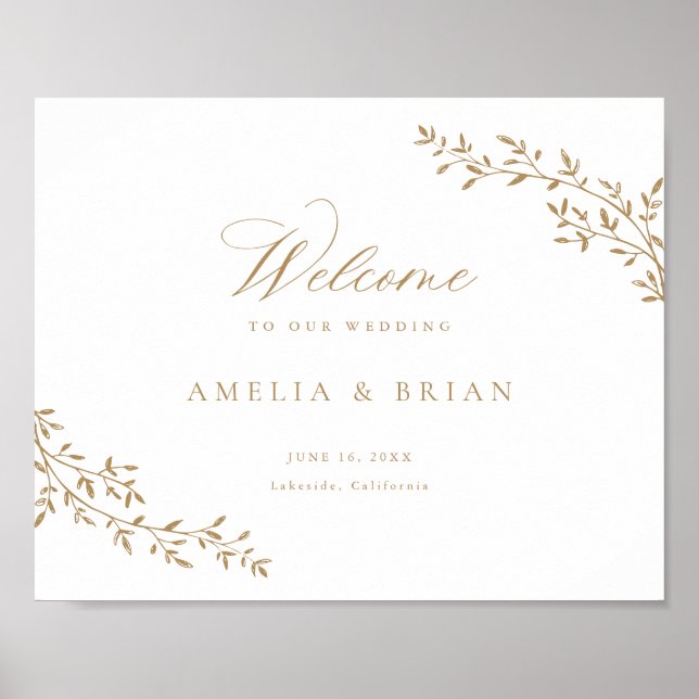 Botanische Goldhochzeit auf dem eleganten Leaf-Zwe Poster (Vorne)