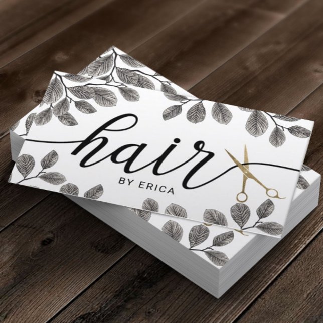 Botanische Goldschere Elegante Typografie Haare Visitenkarte (Von Creator hochgeladen)
