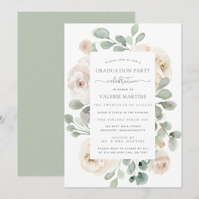 Botanische Graduierungsparty der weißen Rose Einladung (Vorne/Hinten)