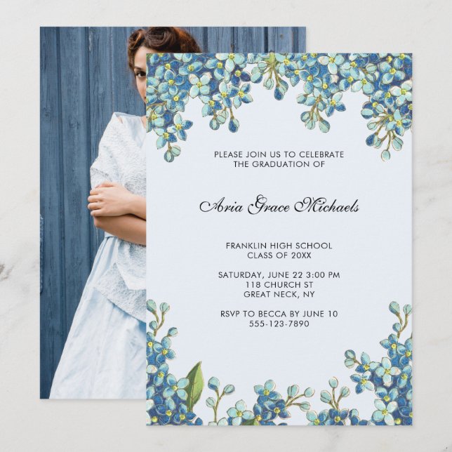 Botanische Graduierungsparty Foto Einladung Blau (Vorne/Hinten)