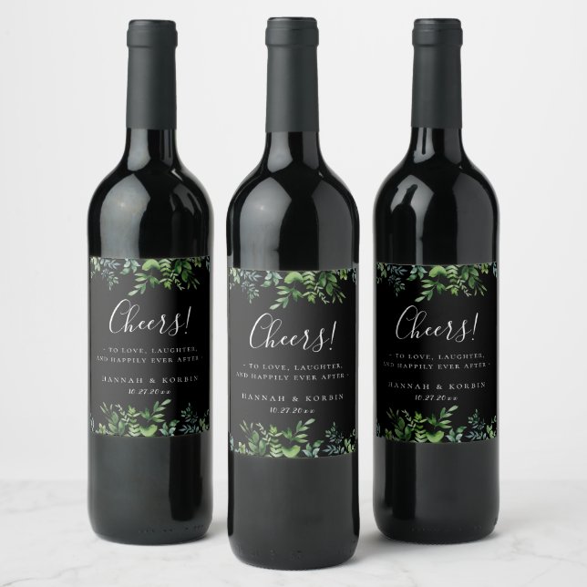 Botanische Greenerie Rahmen Schwarze Hochzeit Weinetikett (Flaschen)