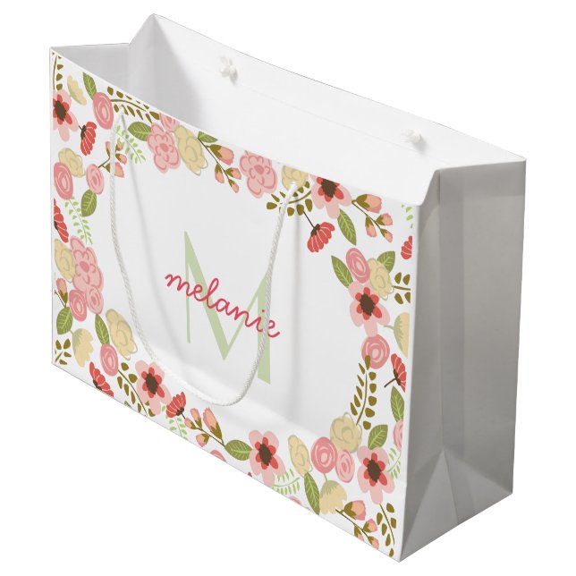 Botanische große, florale Geldbeutel für Monogramm Große Geschenktüte (Vorderseite Schrägansicht)