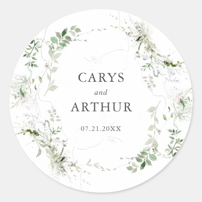 Botanische Grünanlage Wreath Moderne Hochzeit Runder Aufkleber (Vorderseite)