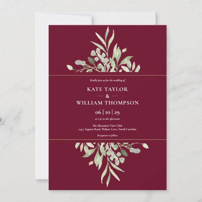 Botanische Grüne Burgund Gold Wedding Einladung (Vorderseite)