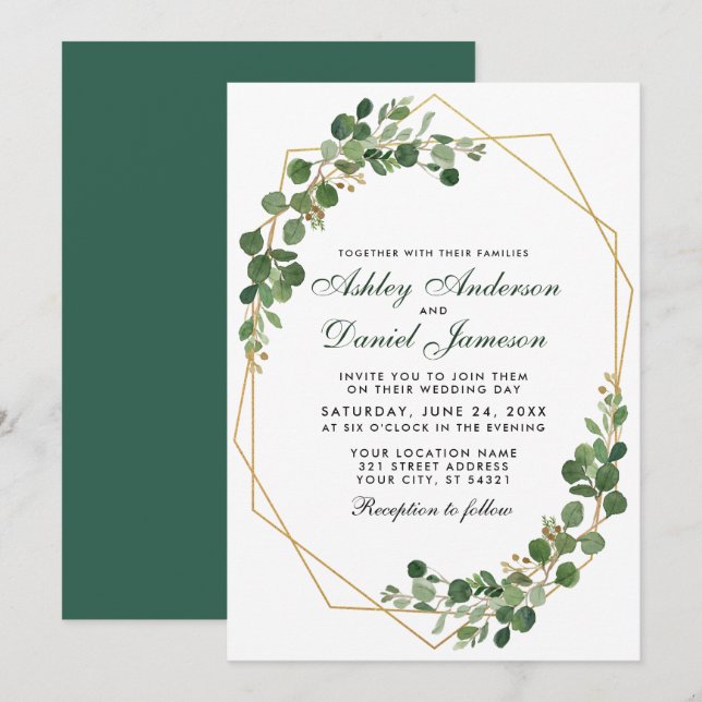 Botanische Grüne Eukalyptus Geometrische Hochzeit Einladung (Vorne/Hinten)