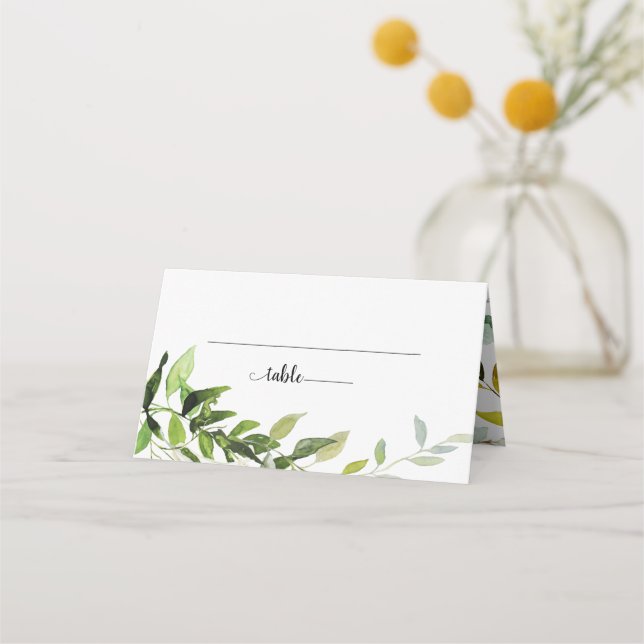 Botanische Grüne Hochzeit im eleganten Watercolor Platzkarte (Vorderseite)