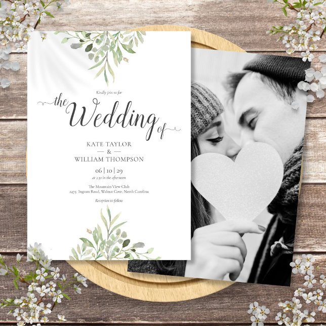 Botanische Grüne Hochzeitsskript für Foto Einladung (Botanical Greenery Wedding Photo Script Invitation)