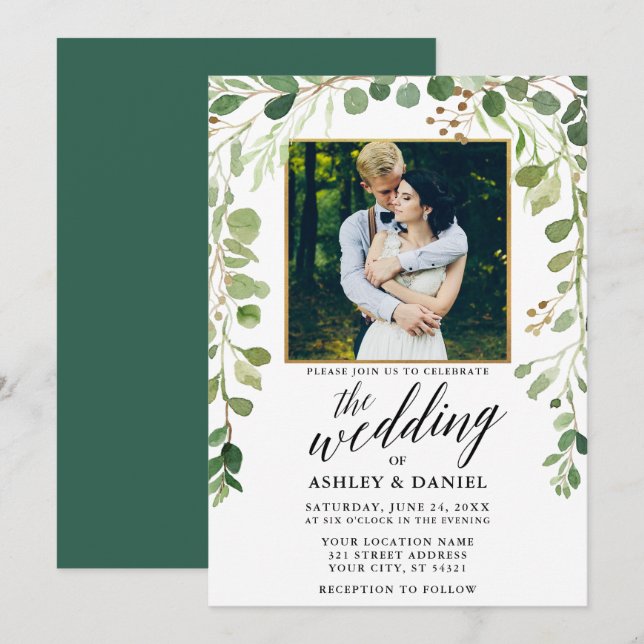Botanische grüne Kalligrafie HochzeitGold-Rahmen Einladung (Vorne/Hinten)