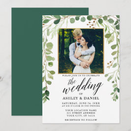 Botanische grüne Kalligrafie HochzeitGold-Rahmen Einladung