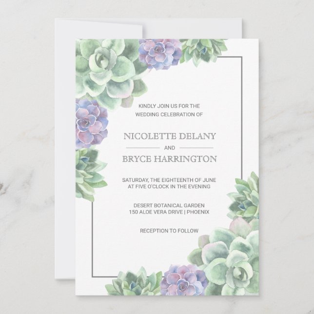Botanische Grüne und Lila Sukkulente Hochzeit Einladung (Vorderseite)