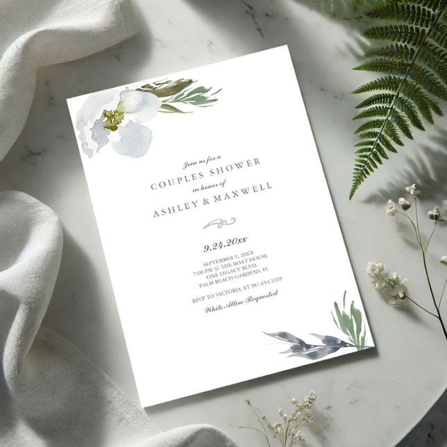 Botanische Grüne und weiße Dusche Aquarell Florals Einladung (Couples shower invitation watercolor grey flowers and greenery VG Invites)
