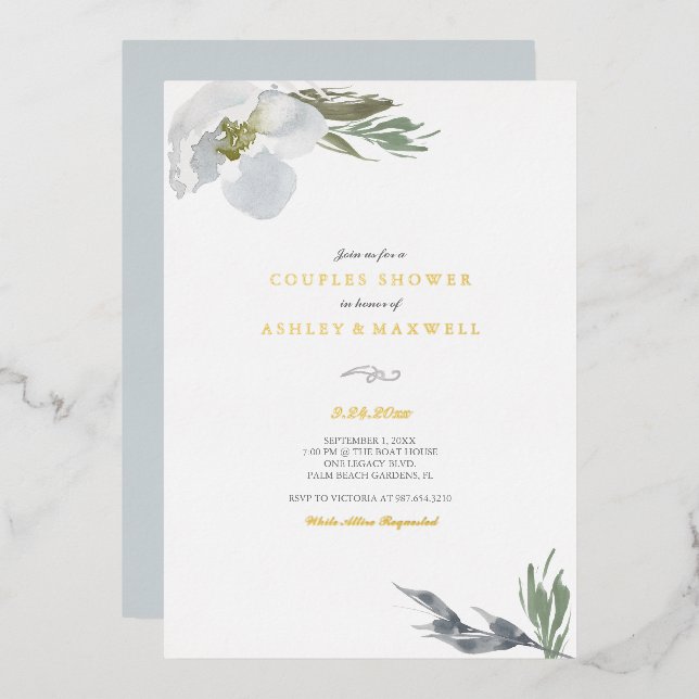 Botanische Grüne und weiße Dusche Aquarell Florals Folieneinladung (Vorderseite/Rückseite)