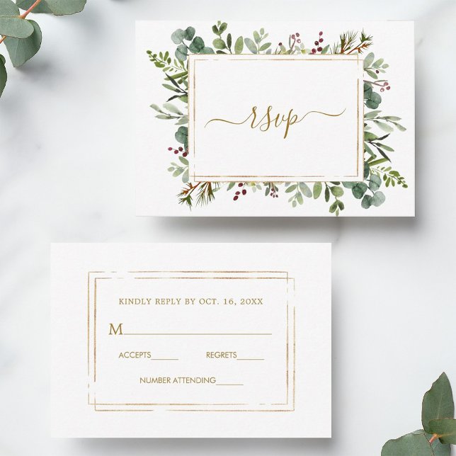 Botanische Grüne Weihnachtsfeiertag Goldhochzeit RSVP Karte (Front & Back)