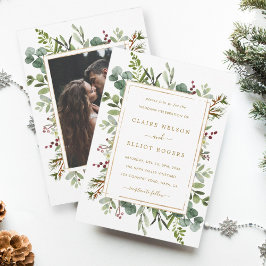 Botanische Grüne Weihnachtszeit Gold Hochzeit Foto Einladung