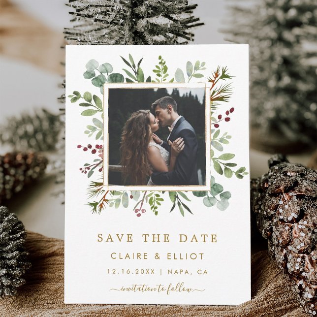 Botanische Grüne Weihnachtszeit Gold Hochzeit Foto Save The Date (Von Creator hochgeladen)