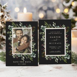 Botanische Grüne Winter Hochzeit Foto Schwarz Save The Date