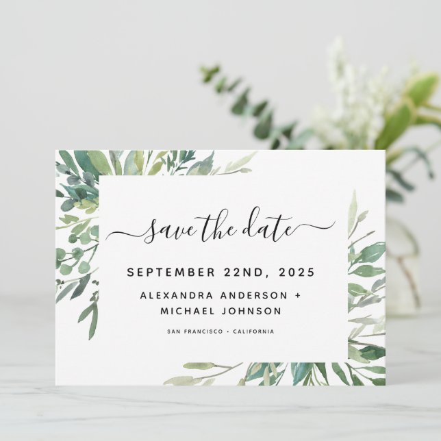 Botanische Grünfolien Wasserfarbenprägung Rett Save The Date (Stehend Vorderseite)