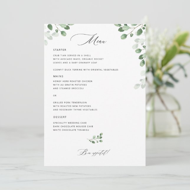 Botanische Grünpflanzen auf Hochzeiten Menükarte (Stehend Vorderseite)