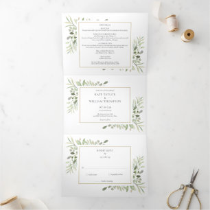 Botanische Grünpflanzen Blätter Foto Hochzeit Dreifach Gefaltete Einladung
